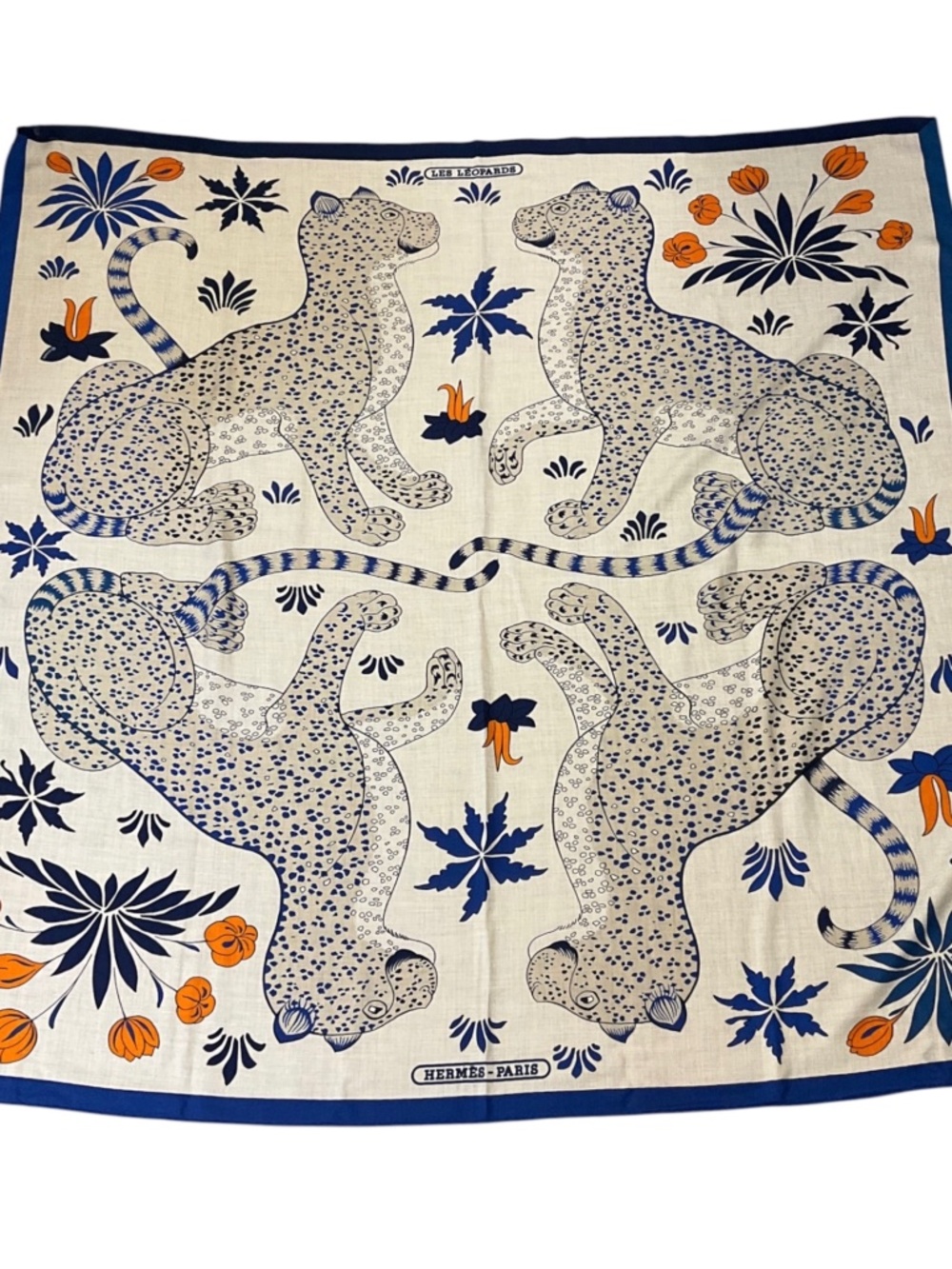 HERMES NATURAL / BLUE / ORANGE LES LEOPARDS LARGE CASHMERE AND SILK SCARF - Picture 1 of 7